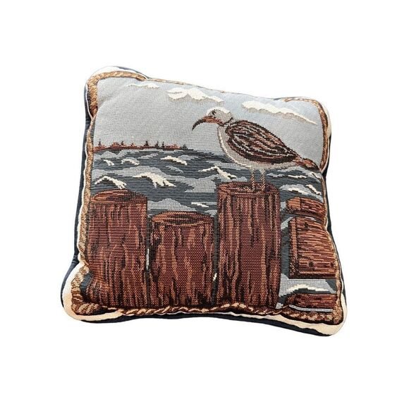 Seagull on Pier Tapestry Pillow Made in USA - Picture 1 of 6